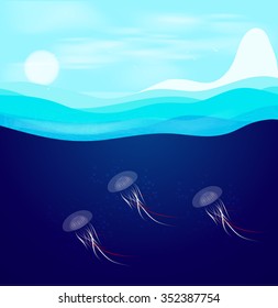 Jellyfish in dark blue sea.