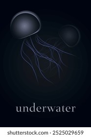 Jellyfish in the dark poster. Jellyfish underwater poster