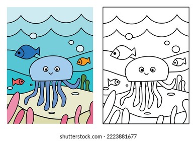 Jellyfish and deep ocean coloring page for kids drawing education. Simple cartoon illustration in fantasy theme for coloring book