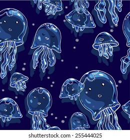 Jellyfish in the deep sea. Hand drawn illustration. Can be used for wallpaper, pattern fills, textile, web page background, surface textures. Ukraine