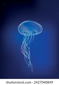 Jellyfish in deep water vector illustartion. Jellyfish blue lightening. deep ocean creature. Magic glowing jellyfish underwater. Undersea world. 