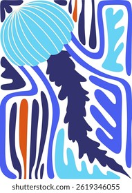 A jellyfish is depicted with a bold flat style and striped dome.  The aquatic scene features an abstract background of organic shapes and flowing lines. Cartoon vector illustration