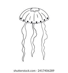 Jellyfish design in line art style. Marine underwater medusa icon symbol. Vector illustration isolated on a white background.