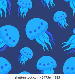 Jellyfish design vector illustration. Seamless pattern with blue jellyfish. Medusa with long tentacles, underwater sea animal, dark blue background