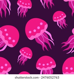 Jellyfish design vector illustration. Seamless pattern with pink jellyfish. Medusa with long tentacles, underwater sea animal, dark background