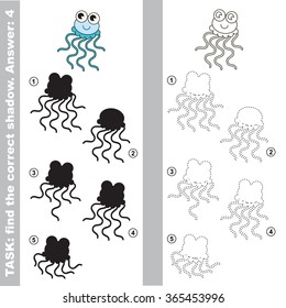 Jellyfish with different shadows to find the correct one. Compare and connect object with it true shadow.