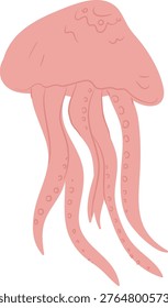 Jellyfish with dome bell and long trailing tentacle, smooth curves and soft texture line art. Symbol of ocean life, calm movement, marine serenity, underwater nature. Cartoon vector illustration.