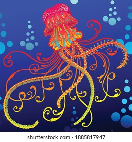 Jellyfish doodle pattern logo tattoo with blue background 