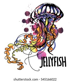 
Jellyfish. Drawing by hand in vintage style. Spray paint. Bright, stylish pattern.