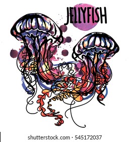 
Jellyfish. Drawing by hand in vintage style. Spray paint. Bright, stylish pattern.