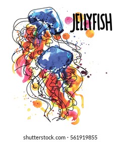 Jellyfish. Drawing by hand in vintage style. Spray paint. Bright, stylish pattern.