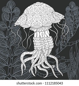 Jellyfish drawn in line art style. Ocean background in black and white colors on chalkboard. Coloring book. Coloring page. Zentangle vector illustration.