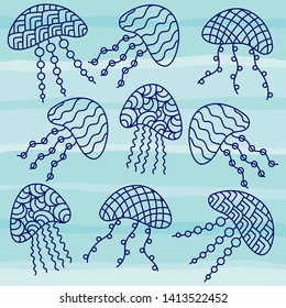 Jellyfish drawn in line art style. Vector