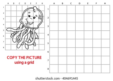 jellyfish  educational grid game. Vector illustration of grid copy educational puzzle game with happy cartoon jellyfish for children