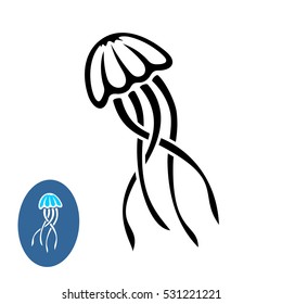 Jellyfish elegant illustration. Jelly fish black color silhouette. Isolated on white.