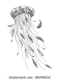 Jellyfish with ethnic doodle pattern. Coloring page - zendala, design for spiritual relaxation for adults, vector illustration, isolated on a white background. Zen doodles.