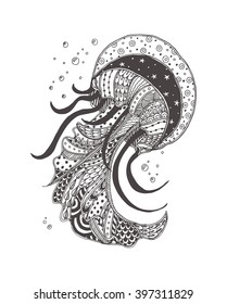 Jellyfish with ethnic doodle pattern. Coloring page - zendala, design for spiritual relaxation for adults, vector illustration, isolated on a white background. Zen doodles.