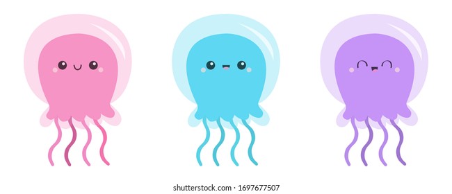 Jellyfish face icon set. Cute cartoon kawaii funny baby character. Pink blue purple glowing transparent color. Sea ocean animal. Flat design. Kids tshirt, notebook cover print. White background Vector