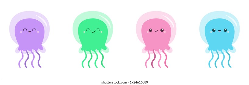 Jellyfish face icon set line. Cute cartoon kawaii funny baby character. Pink green blue purple glowing color. Sea ocean animal. Kids tshirt, notebook cover print. White background. Flat design. Vector