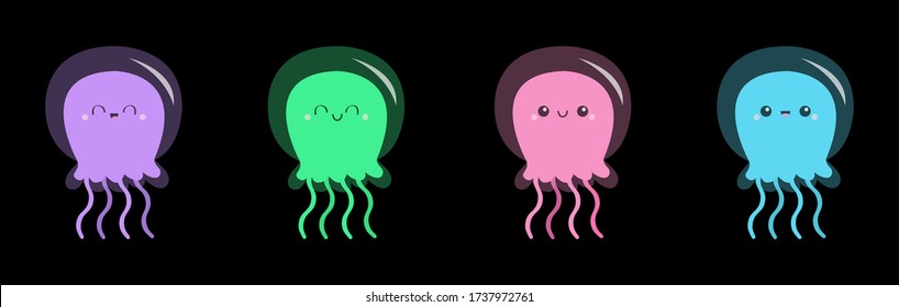 Jellyfish face icon set line. Cute cartoon kawaii funny baby character. Pink green blue purple glowing color. Sea ocean animal. Kids tshirt, notebook cover print. Black background. Flat design. Vector