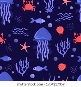 Jellyfish, fish and algae on a blue background. Sea animals, illustration, seamless pattern