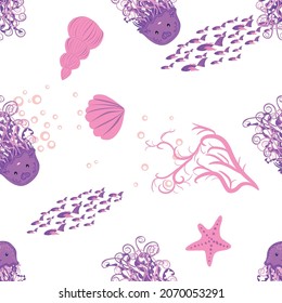 Jellyfish, fish, animals bright seamless patterns. Sea travel, snorkeling with animals, tropical fish