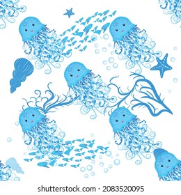 Jellyfish, fish, animals bright seamless patterns. Sea travel, snorkeling with animals, tropical fish