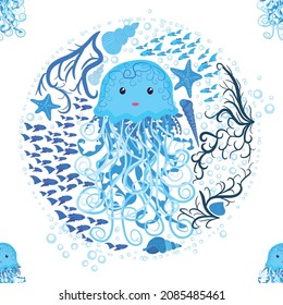 Jellyfish, fish, animals bright seamless patterns. Sea travel, snorkeling with animals, tropical fish