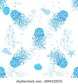 Jellyfish, fish, animals bright seamless patterns. Sea travel, snorkeling with animals, tropical fish