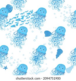 Jellyfish, fish, animals bright seamless patterns. Sea travel, snorkeling with animals, tropical fish
