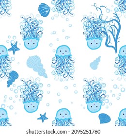 Jellyfish, fish, animals bright seamless patterns. Sea travel, snorkeling with animals, tropical fish