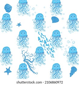 Jellyfish, fish, animals bright seamless patterns. Sea travel, snorkeling with animals, tropical fish