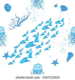 Jellyfish, fish, animals bright seamless patterns. Sea travel, snorkeling with animals, tropical fish