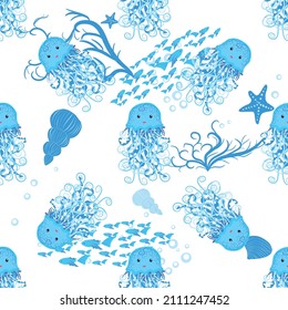 Jellyfish, fish, animals bright seamless patterns. Sea travel, snorkeling with animals, tropical fish