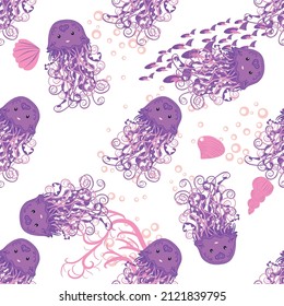 Jellyfish, fish, animals bright seamless patterns. Sea travel, snorkeling with animals, tropical fish