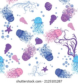 Jellyfish, fish, animals bright seamless patterns. Sea travel, snorkeling with animals, tropical fish.