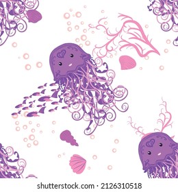 Jellyfish, fish, animals bright seamless patterns. Sea travel, snorkeling with animals, tropical fish