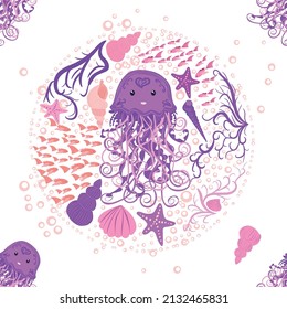Jellyfish, fish, animals bright seamless patterns. Sea travel, snorkeling with animals, tropical fish