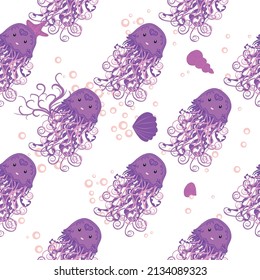 Jellyfish, fish, animals bright seamless patterns. Sea travel, snorkeling with animals, tropical fish
