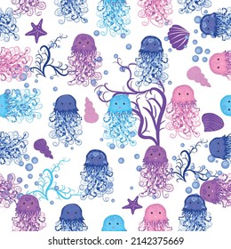 Jellyfish, fish, animals bright seamless patterns. Sea travel, snorkeling with animals, tropical fish.