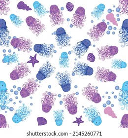 Jellyfish, fish, animals bright seamless patterns. Sea travel, snorkeling with animals, tropical fish.