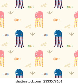 Jellyfish and fish colorful cartoon so cute. On mastic background. Pattern seamless vector illustration.
