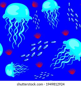 Jellyfish fish and corals on a blue background, texture for design, seamless pattern, vector illustration