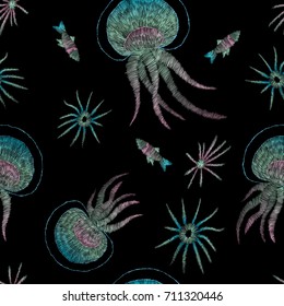 jellyfish, fish, shellfish, sea creatures. traditional folk stylish stylish floral embroidery on the black background. sketch for printing on fabric, clothing, accessories bag and design. vector trend