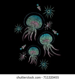 jellyfish, fish, shellfish, sea creatures. traditional folk stylish stylish floral embroidery on the black background. sketch for printing on fabric, clothing, accessories bag and design. vector trend