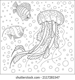 Jellyfish fish underwater coloring page. Hand drawn vector illustration.