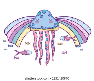 jellyfish with fishes animals underwater and rainbow