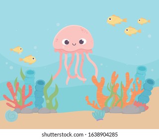 jellyfish, fishes and coral reef cartoon. under the sea vector illustration