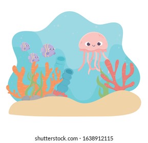 jellyfish fishes life coral reef cartoon under the sea vector illustration