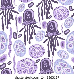 Jellyfish flat design purple seamless pattern